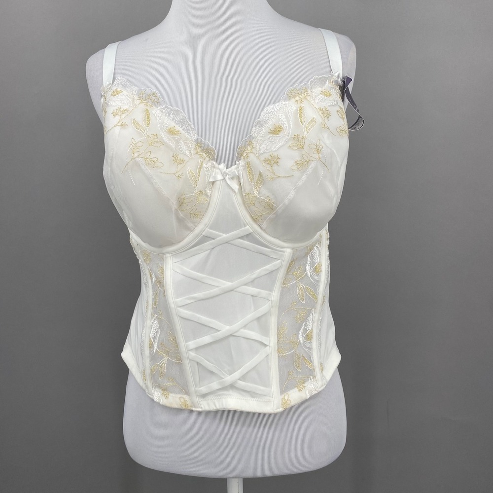 Cacique Seriously Sexy Corset Bra 38DD White Gold Floral Embroidered Lace Bridal
